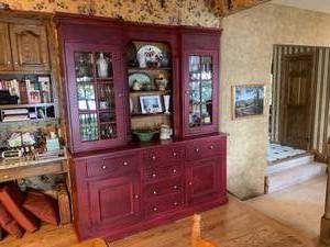 lot 157 image: Wonderful Red Painted Buffet with Glass Doors and many shelves and drawers