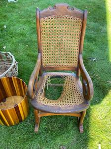 lot 122 image: Caned Seat Childs Rocker, Moose Head Rack, Woodsy Decor for Cabin or Childs Room