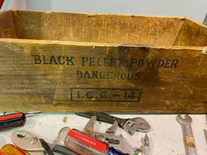 lot 173 image: Miscellaneous Tools in Wooden Black Powder Box
