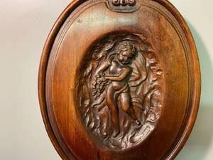 lot 132 image: Antique Unique Wood Carved Cherub Chair, Tall Brass Lamp