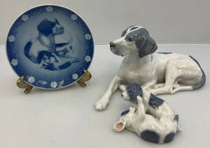 RARE Royal Copenhagen Dog Figurine Set With Matching Plate & Brass Plate Holder
