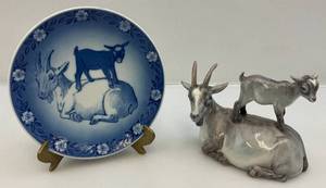RARE Royal Copenhagen Bunny Billy Goat Figurine Set  With Matching Plate (Plate Has Chip Present) & Brass Plate Holder