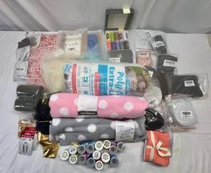 Box of Sewing Notions, Thread, Material, Elastic etc