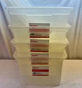 4x Staples Plastic File Boxes wCovers-LetterLegal