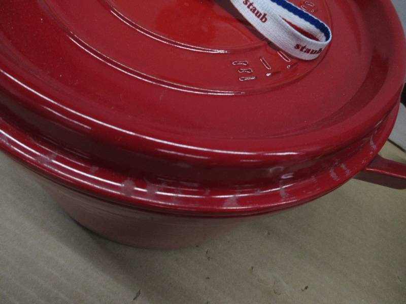 lot 260 image: Staub Cast Iron Dutch Oven 5-qt Tall Cocotte, Made in France, Serves 5-6, Cherry NEW BUT HAS SCRATCHES, CHIPPED