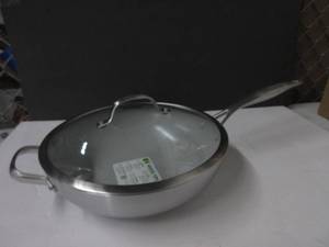 lot 103 image: GreenPan Venice Pro Tri-Ply Stainless Steel Healthy Ceramic Nonstick 12 Wok Pan with Helper Handle and Lid, PFAS-Free, Multi Clad, Induction, Dishwasher Safe, Oven Safe, Silver DAMAGEDOPEN BOX, NEW
