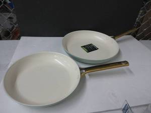 lot 110 image: GreenPan Reserve Hard Anodized Healthy Ceramic Nonstick 10 and 12 Frying Pan Skillet Set, Gold Handle, PFAS-Free, Dishwasher Safe, Oven Safe, Julep Green NO BOX, HAS SCRATCHES, NEWNEVER USED