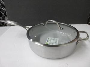 lot 131 image: GreenPan Venice Pro Tri-Ply Stainless Steel Healthy Ceramic Nonstick 5QT Saute Pan Jumbo Cooker with Helper Handle and Lid, PFAS-Free, Multi Clad, Induction, Dishwasher Safe, Oven Safe, Silver DAMAGEDOPEN BOX,SCRATCHES, NEW