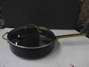 lot 132 image: GreenPan Reserve Hard Anodized Healthy Ceramic Nonstick 4.5QT Saute Pan Jumbo Cooker with Helper Handle and Lid, Gold Handle, PFAS-Free, Dishwasher Safe, Oven Safe, Black DAMAGEDOPEN BOX, SCRATCHES, NEW