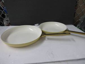 lot 134 image: GreenPan Reserve Hard Anodized Healthy Ceramic Nonstick 10 and 12 Frying Pan Skillet Set, Gold Handle, PFAS-Free, Dishwasher Safe, Oven Safe, Sunrise Yellow SCRATCHED, NO BOX, NEVER USED