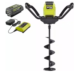 lot 4 image: Ryobi 8 inch 40V HP BRUSHLESS ICE AUGER, INCLUDES BATTERY AND CHARGER. USED. Tested, Works (Sounds a little stiff) Slight Scratches