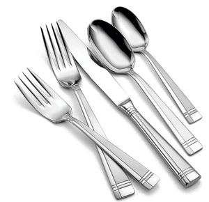 lot 153 image: Oneida 45 Piece Amsterdam Everyday Flatware, Service for 8, 180 Stainless Steel, Silverware Set, Dishwasher Safe, Multi - Slightly Scratched.