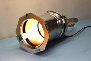 lot 137 image: Stage Light, Spotlight, Limelight Professional Stainless Steel W Light Bulb. Measure Approx. 19 L X 8 Diameter