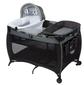 lot 506 image: Monbebe Flex Deluxe Portable Baby Playard with Bassinet and Changer, Pinstripe