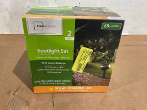 lot 143 image: 2PCS Mainstays Solar Powered Black LED Landscape Spot Light, 60 Lumens