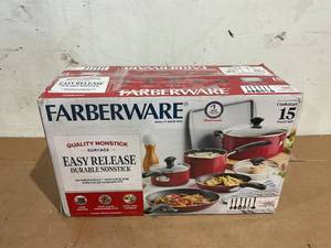 lot 198 image: 15PCS Farberware Cookstart Aluminum Nonstick Cookware Set with Prestige Tools