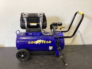 lot 698 image: Goodyear. 8 Gallon Quiet. Oil-Free Horizontal Air Compressor. Portable with Handle and Wheels