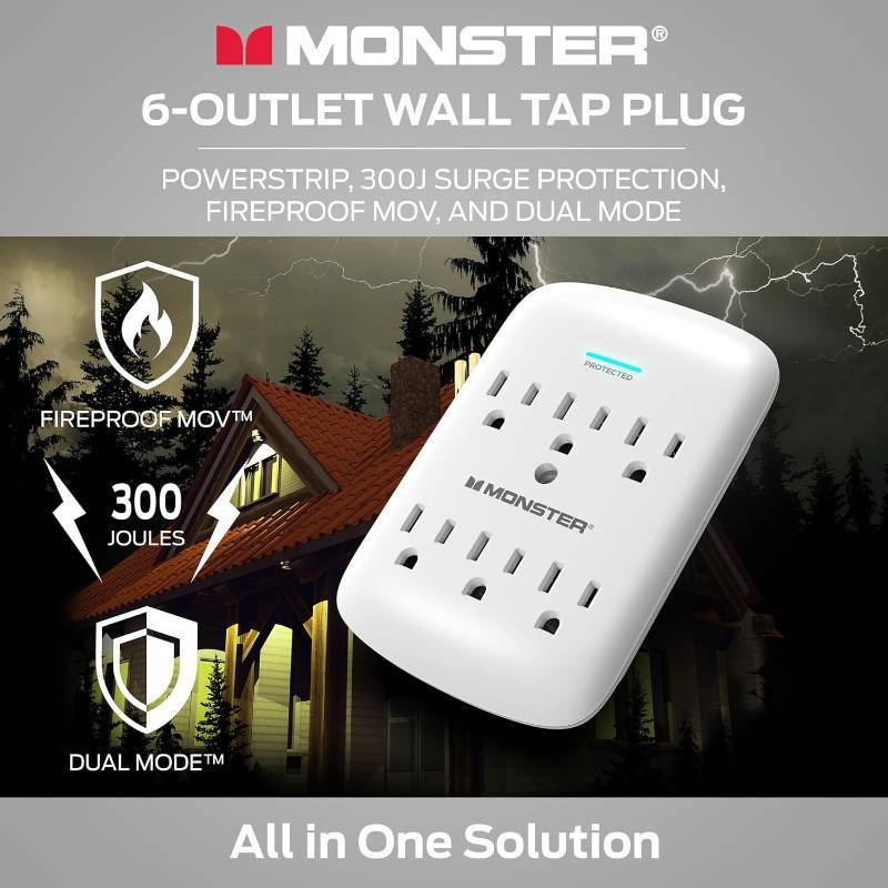 lot 701 image: Monster Wall Tap Plug 6-Outlet Extender with Outlet Surge Protector  300J - WHITE