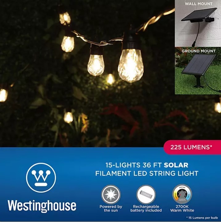 lot 715 image: Westinghouse 36 Vintage Warm White Solar Powered LED String Lights