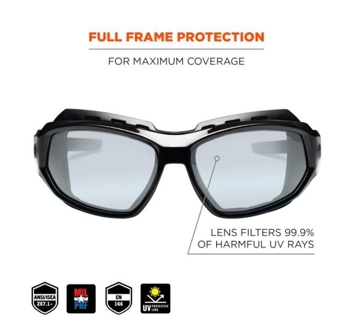 lot 722 image: NEW 2 Pack of Ergodyne Skullerz LOKI Convertible Safety Spoggles w Strap -Black-Silver Mirror