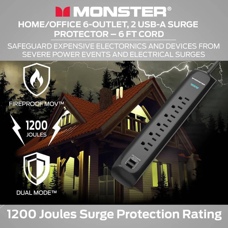 lot 744 image: Monster 6ft Heavy Duty Black Power Strip and Tower Surge Protector, 1200 Joule Rating, 6 120V-Outlets, and 2 USB-A Ports