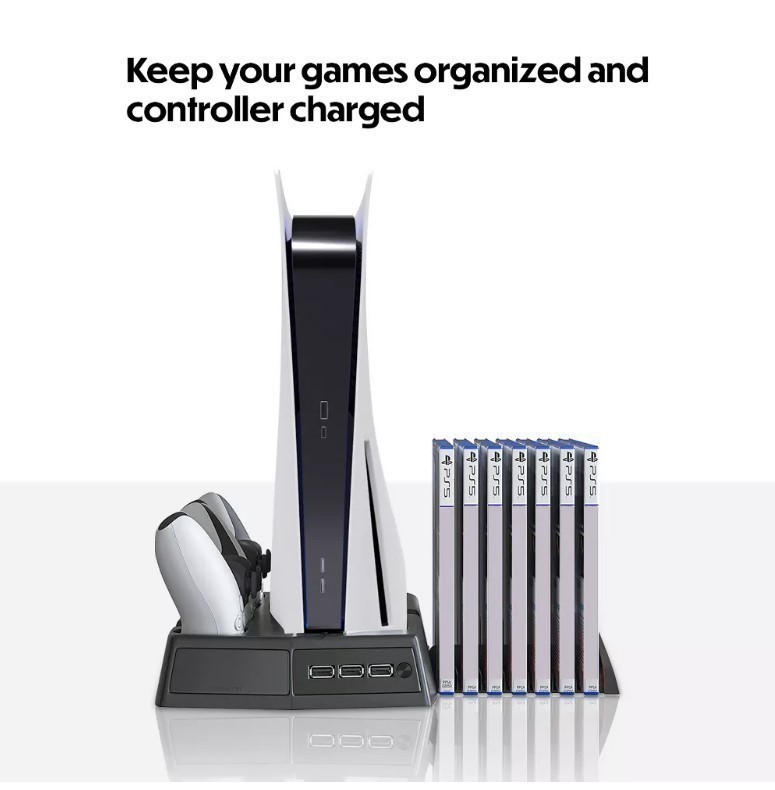 lot 938 image: Wasserstein 3-in-1 Playstation 5 Vertical Cooling Stand with DualSense Controller Charging Station, Cooling Fan, and Video Games Storage