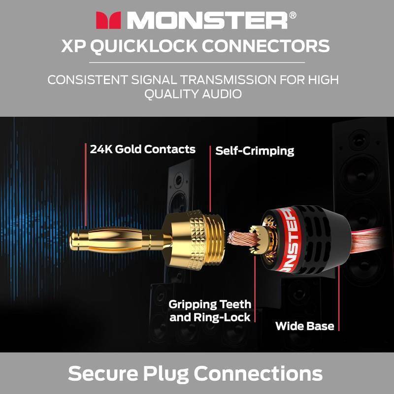 lot 878 image: Monster XP QuickLock Self-Crimping Banana Plugs for Speaker Wire with 24K Gold Contacts - 2 Pair (4 Total), Ideal for Home Theatre & Home Audio Speakers
