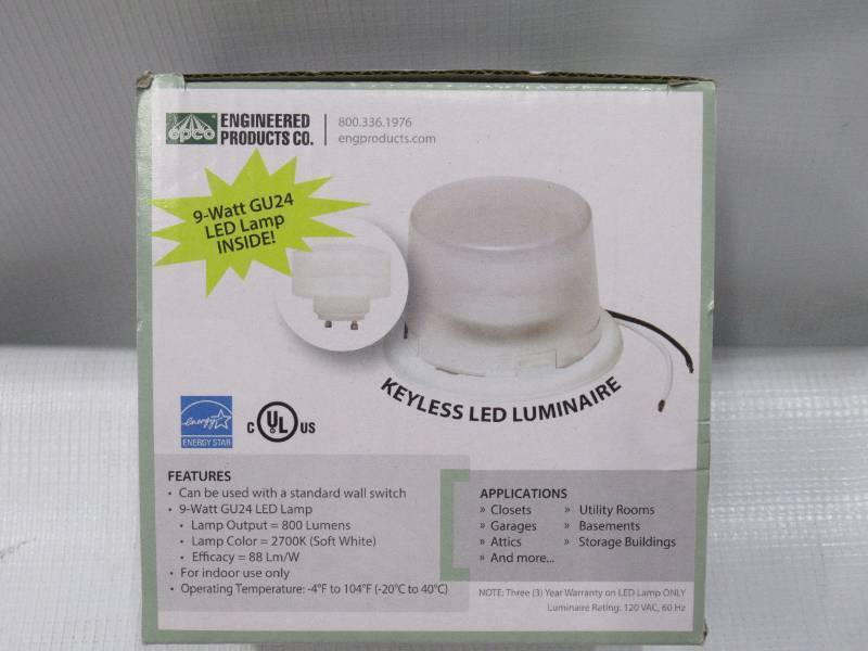 lot 803 image: NEW EPCO 16531 9-Watt LED Luminaire, Keyless, includes 9W Bi-Pin LED Lamp, Diffuser