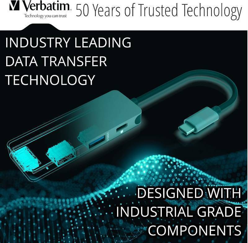 lot 810 image: Verbatim 4-in-1 USB C Hub Adapter with Dongle - 60W Power Delivery, USB 3.0, USB 2.0 for USB C Laptops