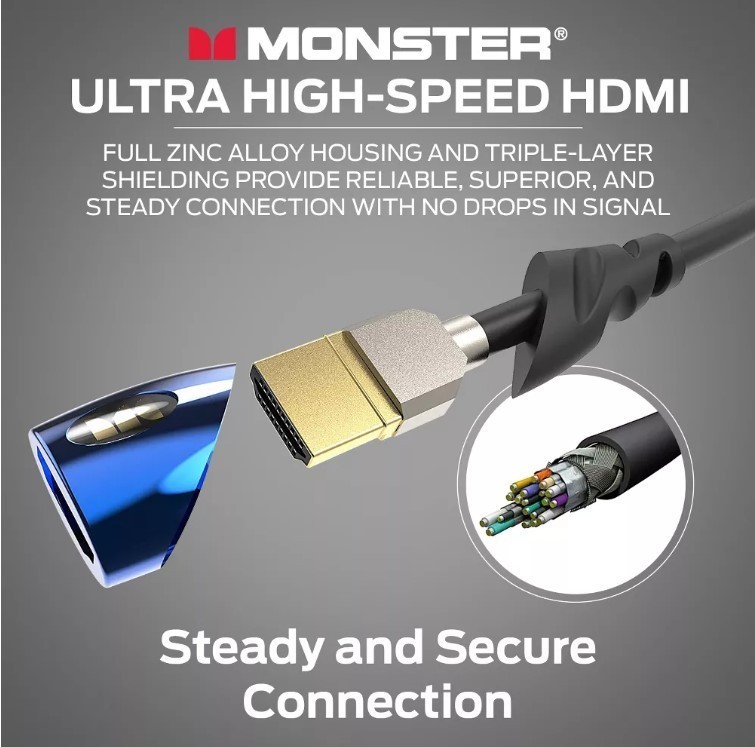 lot 816 image: Monster 8K HDMI Cable Ultra High-Speed Cobalt 2.1 HDMI Cable - 48Gbps with eARC, 8K at 60Hz for Superior Video and Sound Quality  12FT