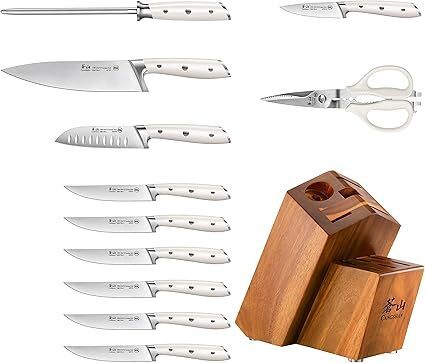 lot 423 image: Cangshan Alps Series 1026665 German Steel Forged 12-Piece Knife Block Set, Acacia (White) - Cracked Handles
