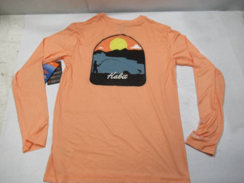 lot 445 image: NEW Habit Mens Solar Factor Quick Dry Cooling Broadside Basin Long Sleeve Graphic Tee - Tangerine Orange - XXL