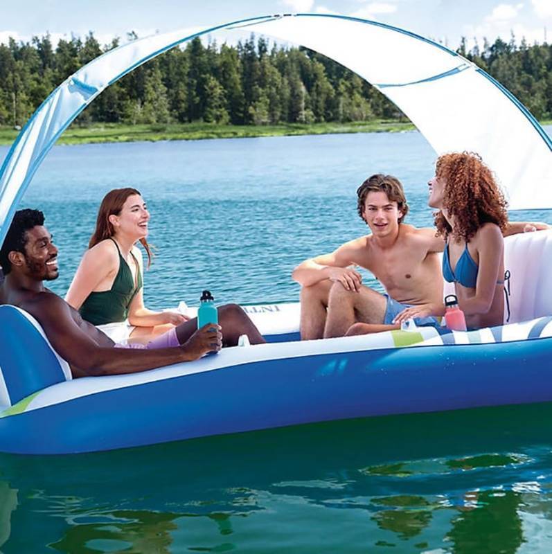 lot 205 image: NEW Intex 57252S Sea Breeze Inflatable Floating Island with Canopy 93in x 71in x 63in