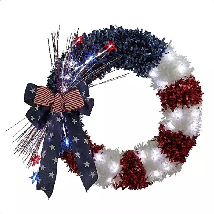 lot 230 image: NEW  Members Mark 22 Red White & Blue Pre-Lit Tinsel Wreath