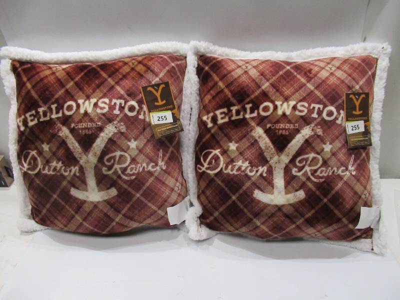 lot 232 image: NEW Pair of Yellowstone Silk Touch Pillow With Sherpa Back, 22 x 22 - Dutton Tartan