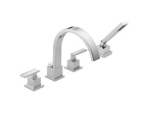 lot 317 image: Delta Vero Deck Mounted Roman Tub Filler Trim with Hand Shower Model T4753 - Chrome