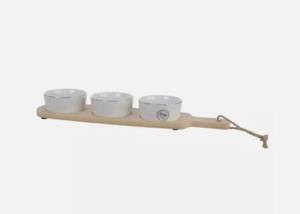 lot 325 image: NEW Decoris Kitchen Goods Tapas Set Serving Tray with 3 Gold Rim Porcelain Bowls