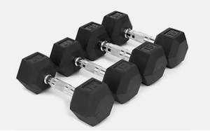 lot 371 image: NEW 2 Pairs of Weider Hexagonal Dumbbells in 12 and 15 lbs - 54 lbs total