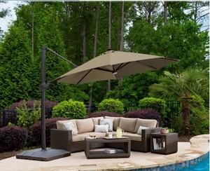 lot 141 image: Seasons Sentry 11 LED Solar Round Cantilever Umbrella - Beige