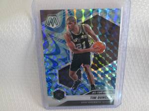 lot 218 image: 2020-21 Mosaic Tim Duncan Blue Priz...