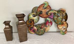 Metal Artpiece and 2 Vases