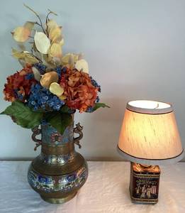 Vintage Floral Brass Cloisonne Vase with Arrangement 25 H  & Vintage Tea Canister Lamp 13 H