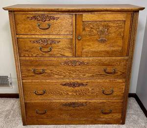 Antique Oak 5 Drawer Dresser with Small Upper Cabinet