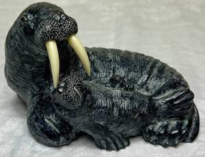 Vintage Walrus and Calf Hand Carved Soapstone Sculpture Wolf Original