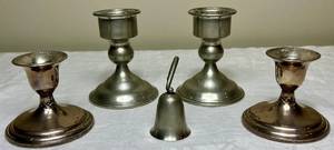 Sterling Silver Weighted Candlestick Holders and Set of Pewter Candlestick Holders with Candle Snuffer