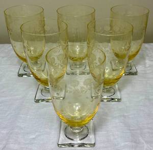 Vintage Fostoria New Garland Topaz Etched Iced Tea Glasses Square Stem - Set of 6