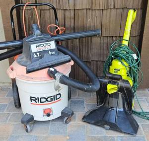 Two Garage Vacuums - Ridgid 6.25 Peak HP 16 Gal WetDry Vac plus attachments and Sun Joe Electric BlowerVacMulcher