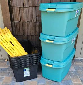 Collection of Storage Totes - 6 Green Made Professional Grade Storage Boxes 27 gal and 3 Sterilite Ultra Tote Box 30 Gal with Lids