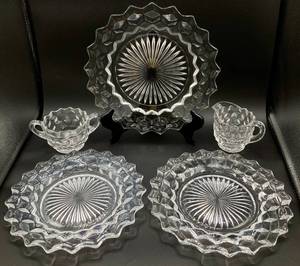 Fostoria American Cube Uranium Glass Set - 3 Plates and Cream & Sugar