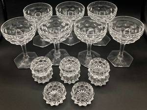 Fostoria American Cube Uranium Glass Set - 7 Glasses and 8 Salt Cellar